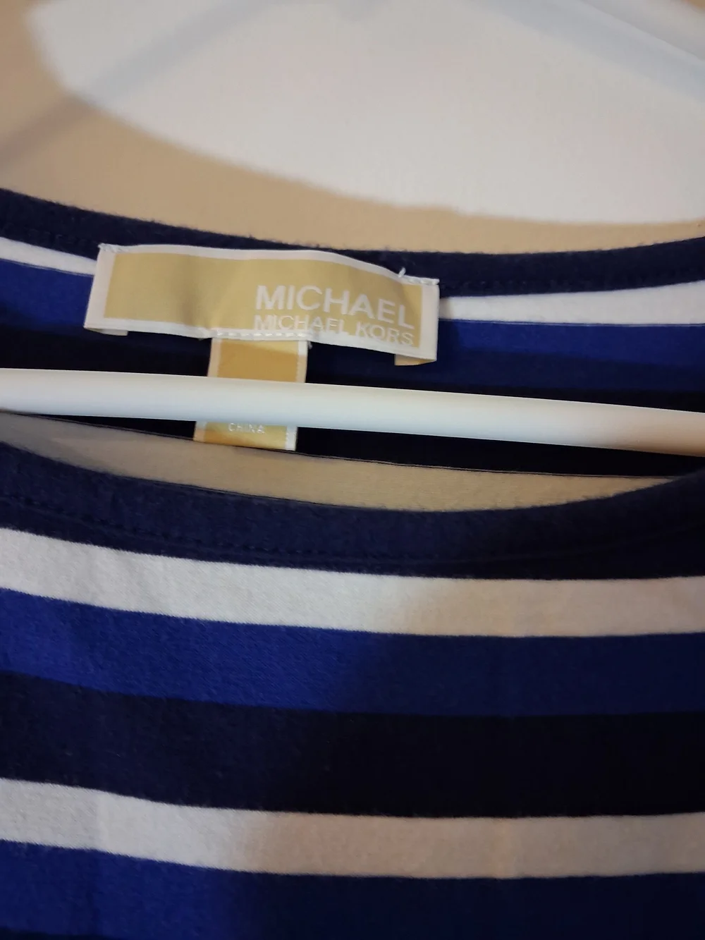 Michael Kors Blue and White Striped Short Sleeve Knit Dress